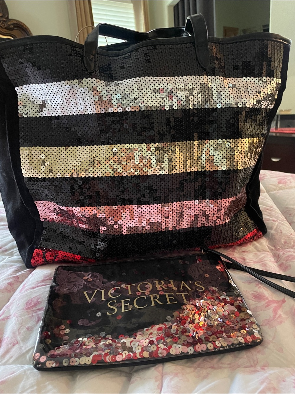 Victoria's Secret Black Sequin Stripe Tote with matching Confetti Pouch